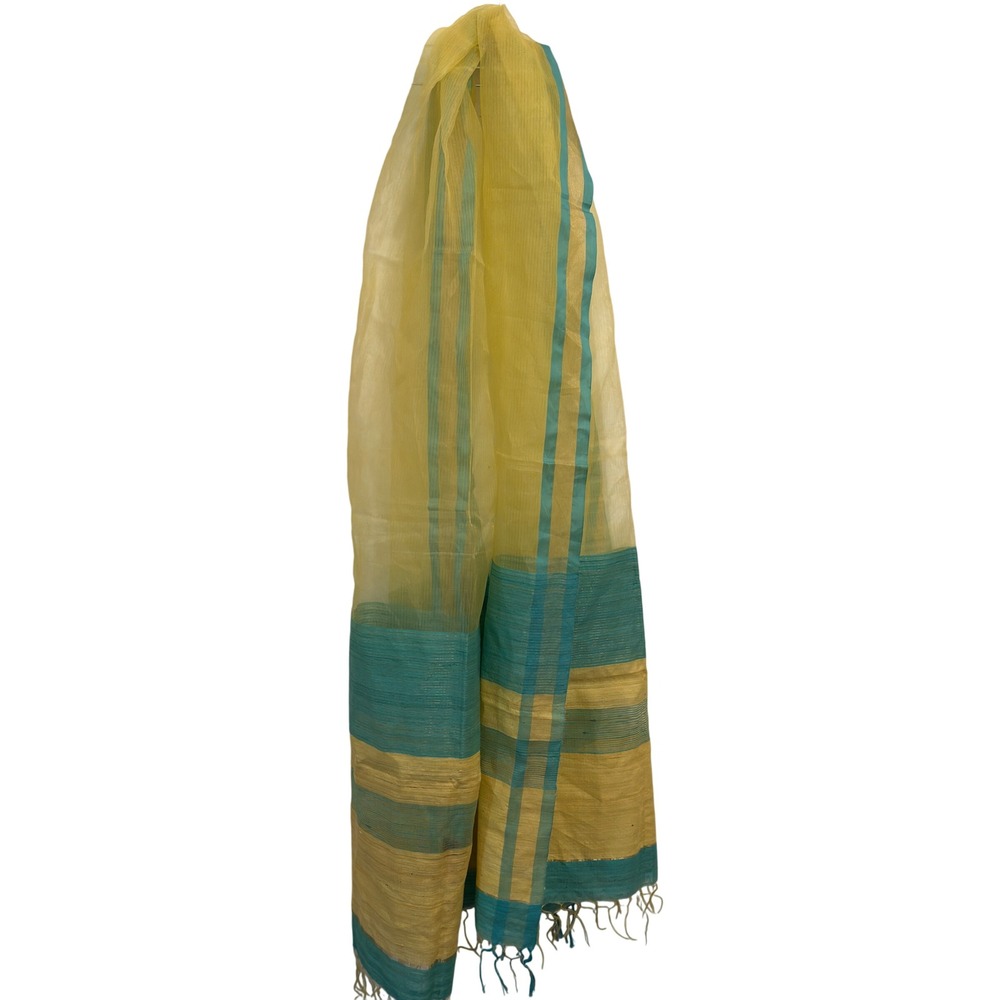 Aarong Dupatta Scarf Yellow Turquoise Gold Metallic Stripe Sheer Fringe Shawl
